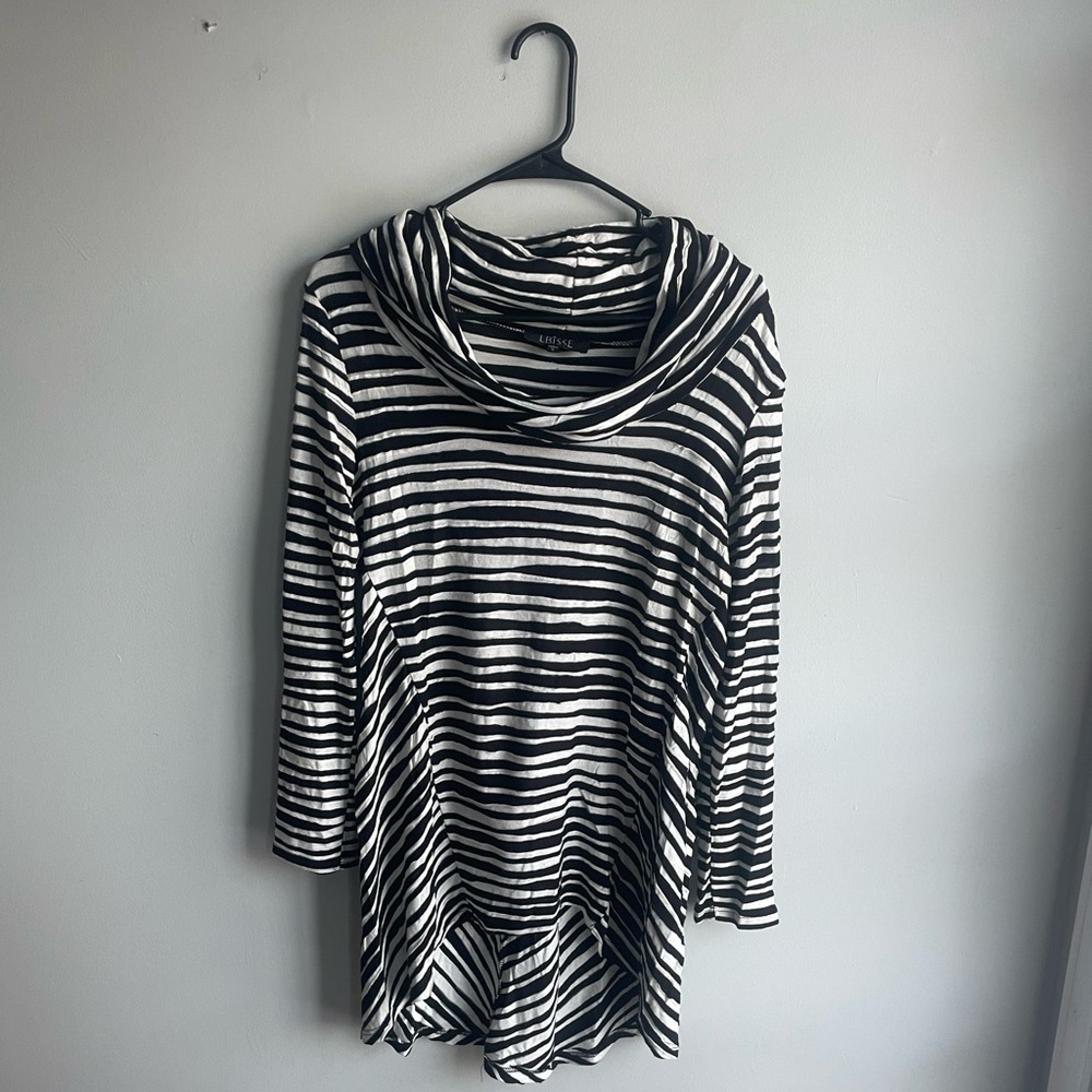 Lbisse - Black & White Striped Cowl Neck Hi-Low Top - Size L​​